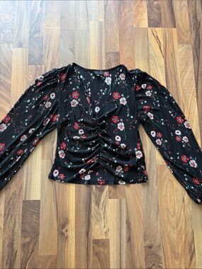 Topshop Black Floral Ruched Long-Sleeve Blouse Size 6